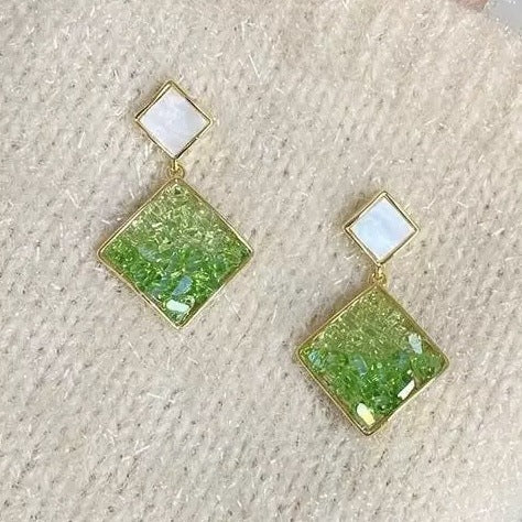 Gradient Glass Diamond Drop Earrings In Brown And Green