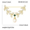 Gold Leaf Arc Brooch Green Stone Pearl Drop Metal Pin Brooch view 4