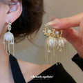 Gold Tone C Hoop Stud Earrings With Pearl And Chain Tassels view 2