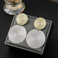 Gold Silver Textured Woven Disc Drop Earrings Two Tone view 6