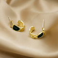 Gold Textured Green Stone Irregular Half Hoop Earrings view 4