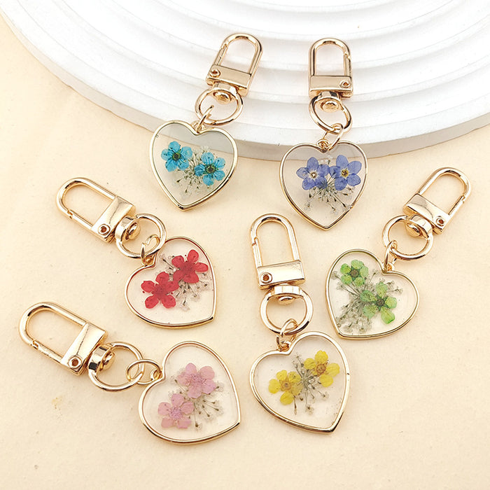 Gold Tone Heart Pressed Flower Resin Clip Keychains