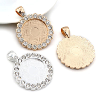Crystal Border Round Cabochon Pendant Bases in Gold and Silver shown in a grouped front view
