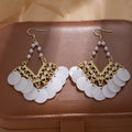 White Disc and Gold Filigree Pearl Look Hook Earrings view 3