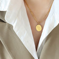 Gold Oval Disc Engraved Flower Pendant Curb Chain Necklace view 6