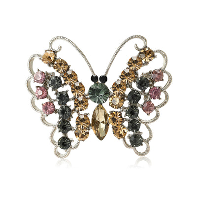 Front view of openwork butterfly crystal brooch in soft multicolor tones
