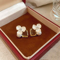 Clear Crystal Flower Pearl Stud Earrings With Pale Gold-Tone Settings view 6