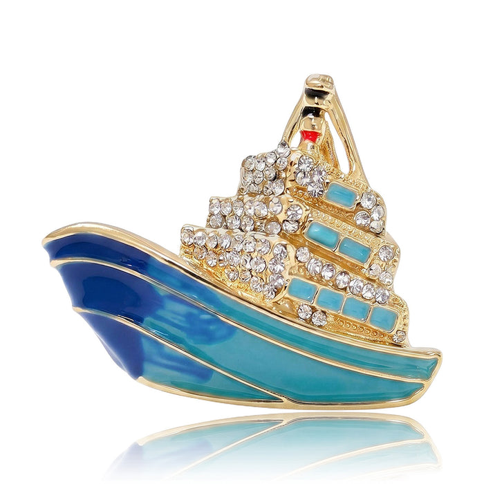 Blue Enamel Cruise Ship Brooch With Clear Crystal Cabins