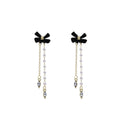 Black Velvet Bow Pearl Chain Crystal Tassel Earrings view 5