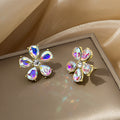 Gold Flower Crystal Stud Earrings Champagne Teardrop Petals view 4