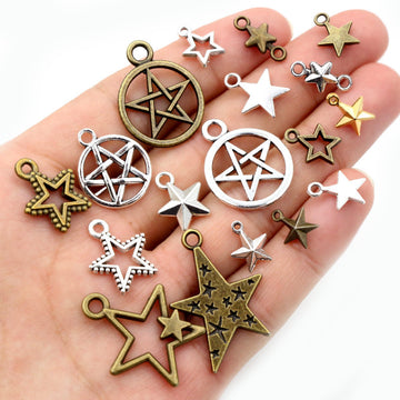 Assorted Star Charms in Antique Silver Bronze and Gold Tones