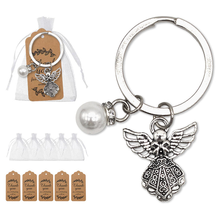 Silver Angel Pearl Rhinestone Cap Split Ring Keychain