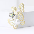 Matte Gold Twin Butterfly Pearl Rhinestone Brooch Pin view 2