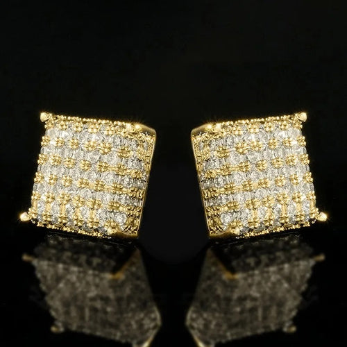 Display view of square pavé crystal stud earrings in two colors polished metal jewelry