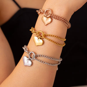 Gold Steel Cuban Chain Heart Charm Titanium Steel Bracelets