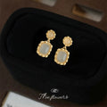 Gold Beaded Frame Cream Cabochon Drop Earrings Matching Pair view 1