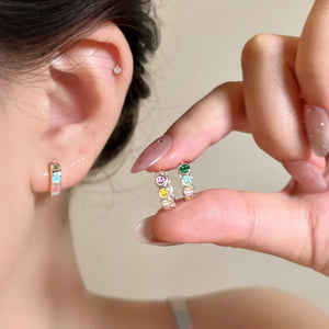 Small Silver Tone Hoop Earrings with Colorful Enamel Motifs