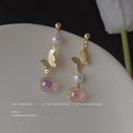 Gold Tone Textured Leaf Pearl And Pink Stone Drop Stud Earrings view 1