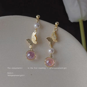 Gold-Tone Butterfly Drop Earrings with Pearls and a Pink Stone