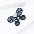 Floral Butterfly Brooch in Metal with Black Enamel Wings Dotted with Small Flowers view 3