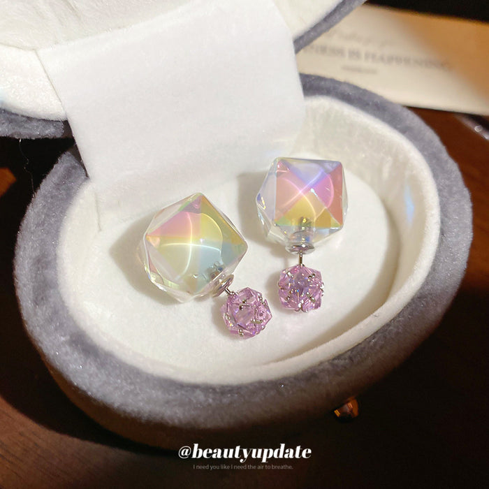 Iridescent Geometric Crystal Drop Earrings in Pink