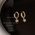 Gold Pave Huggie Hoop Earrings Clear Zircon Star Dangle view 1