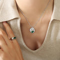 Steel Irregular Disc Green White Zircon Pendant Necklace view 4