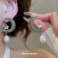 Crystal Moon and Pearl Drop Earrings Statement Fashion Jewelry view 1
