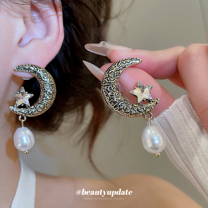 Crystal Moon and Pearl Drop Earrings Statement Fashion Jewelry