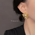 Gold Sunflower Iridescent Pearl Center Stud Earrings view 2