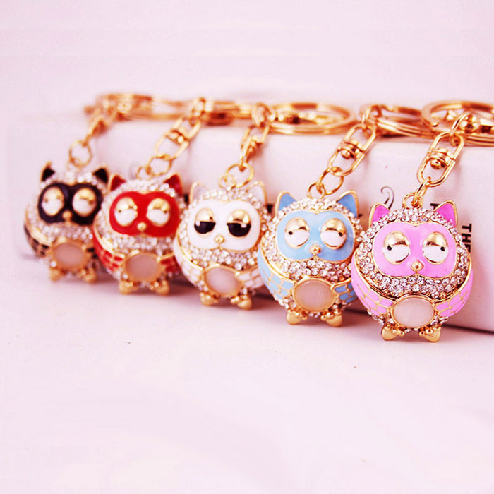 Clear Stone Owl Metal Keychain With Split Ring And Lobster Clasp
