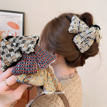Tweed Fabric Triangle Bow Shark Hair Claw 4 Prints