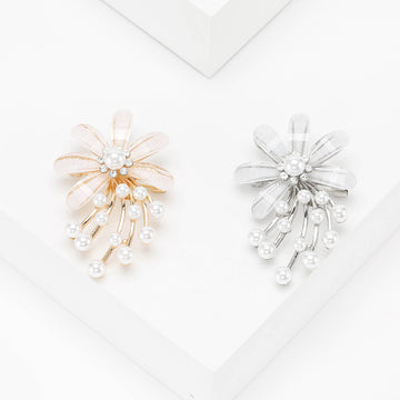 Acrylic Petal Flower Brooch Pearl Drops Silver Gold