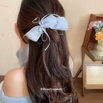 Sheer Fabric Bow Banana Hair Clips Crystal Center Three Colors