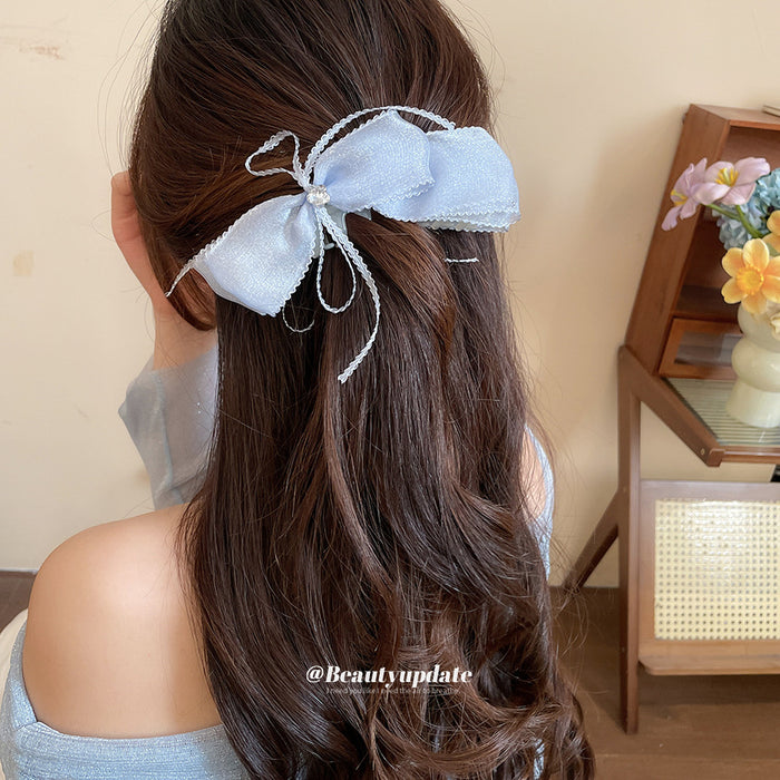 Sheer Fabric Bow Banana Hair Clips Crystal Center Three Colors