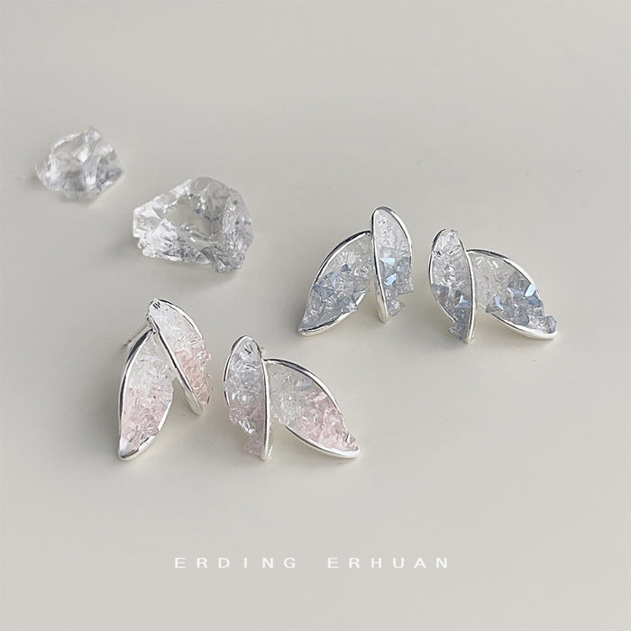 Silver Tone Gradient Double Leaf Stud Earrings In Blue And Pink