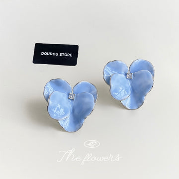 Light Blue Enamel Flower Petal Clear Stone Stud Earrings