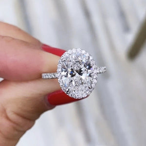 Oval Cubic Zirconia Halo Ring with Pave Band in Silver Tone, Sizes 6-10