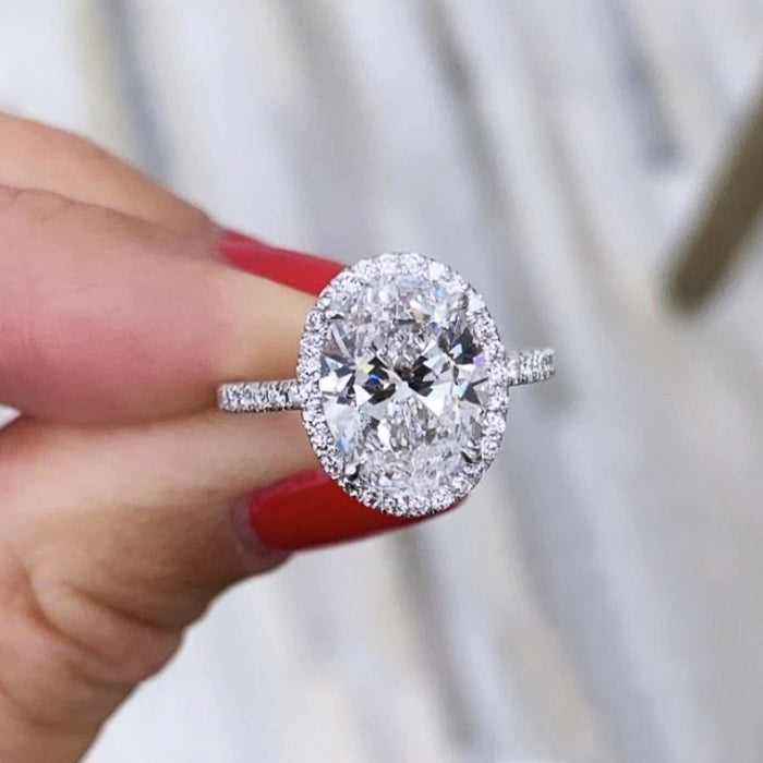 Oversized Oval Clear Solitaire Halo Pave Ring Silver Tone