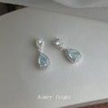 Silver Tone Aqua Teardrop Stone Halo Drop Stud Earrings view 6