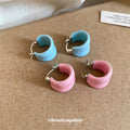 Blue and Pink Enamel Wide Hoop Earrings With Silver Tone Closures view 3