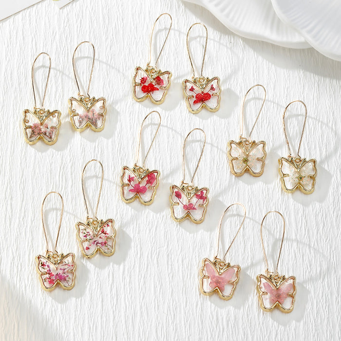Gold Tone Butterfly Pressed Flower Drop Earrings in Six Designs