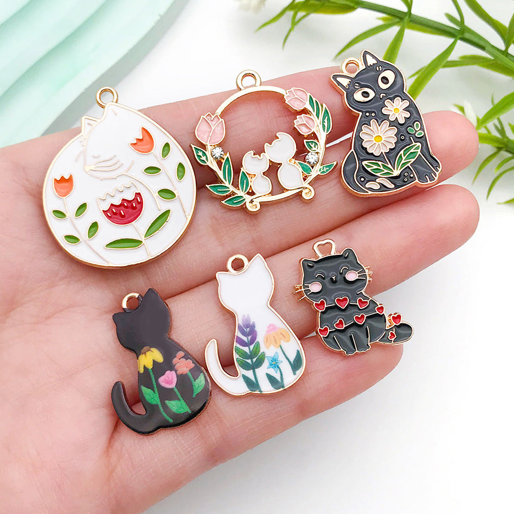 Enamel Zinc Alloy Cat Hollow Ring Charm Pendant for DIY Earrings Keychain Jewelry Making