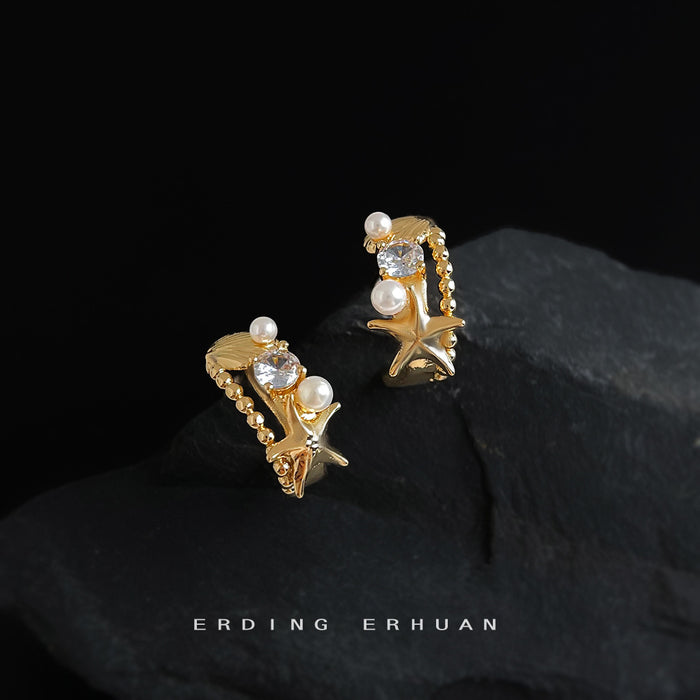 Gold Ocean Starfish Shell Pearl Beaded Huggie Earrings