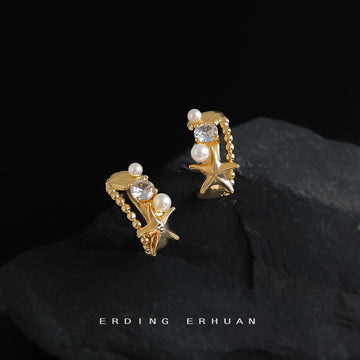 Gold Starfish Shell Pearl Hoop Earrings Pair Two Styles