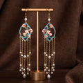 Floral Oval Pearl Look Chain Tassel Long Hook Earrings view 2