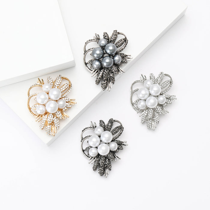 Pearl Cluster Flower Brooch Rhinestone Leaves Four Metal Tones