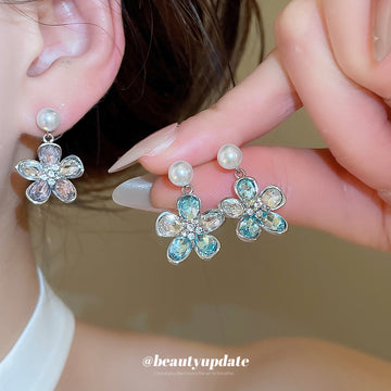 Pearl And Crystal Flower Drop Earrings With Polished Metal Details