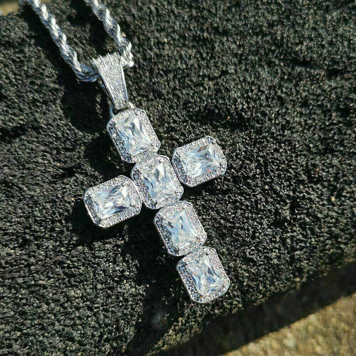 Silver Tone Square Stone Cross Necklace Pendant with Clear Stone Accents