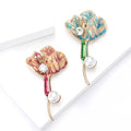 Gold Enamel Flower Brooch Pearl Drop Clear Rhinestone Pin view 4